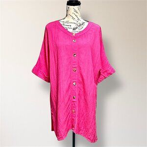 Soft Surroundings M Pink Talia Button‎ Front Oversized Tunic Top Boho Barbiecore